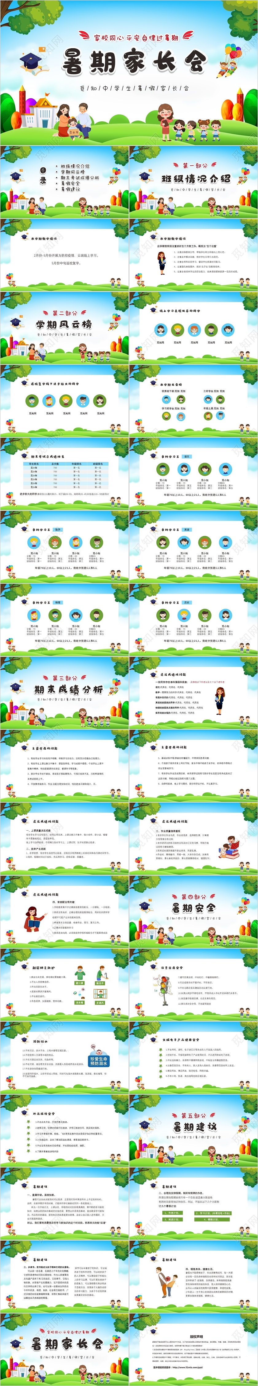 清新卡通儿童初中暑假家长会PPT