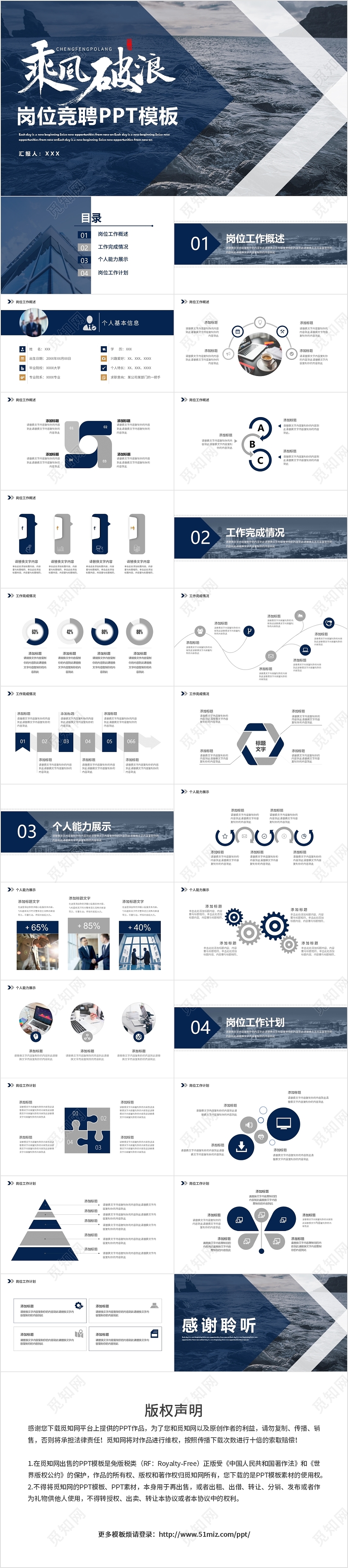 蓝色扁平商务乘风破浪岗位竞聘工作竞聘PPT模板