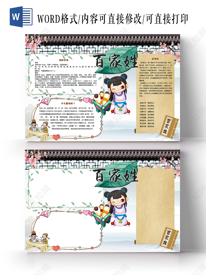 卡通古风百家姓历史小报手抄报word模板