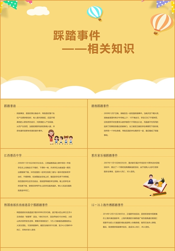 黄色卡通踩踏事件相关安全知识普及PPT模板防踩踏安全教育