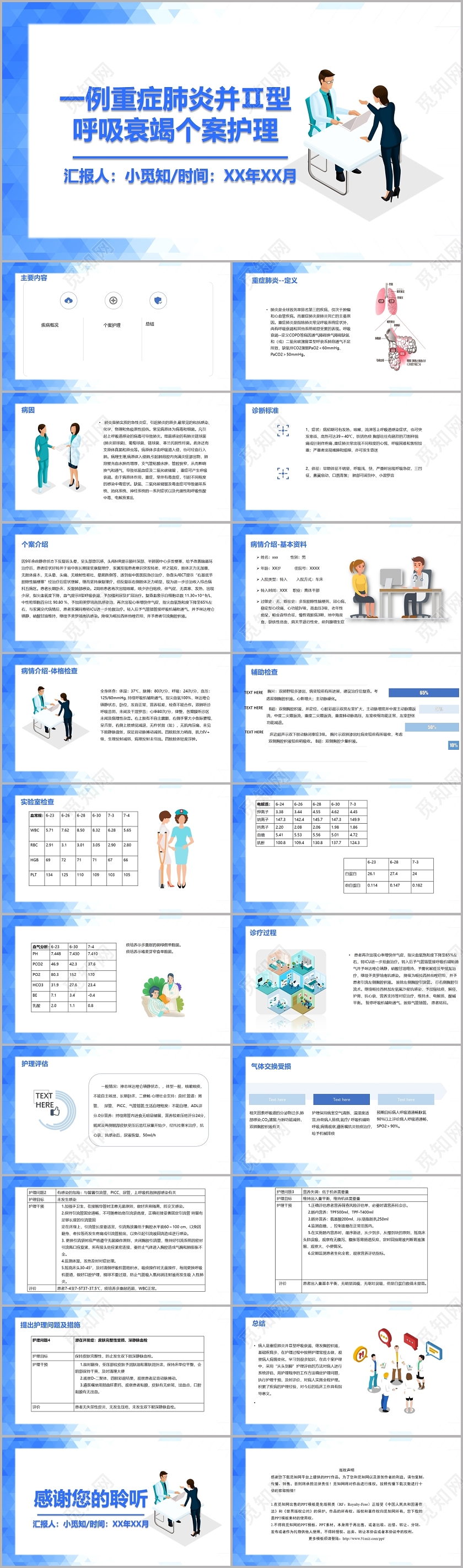 蓝色几何风重症肺炎呼吸衰竭个案护理查房PPT模板