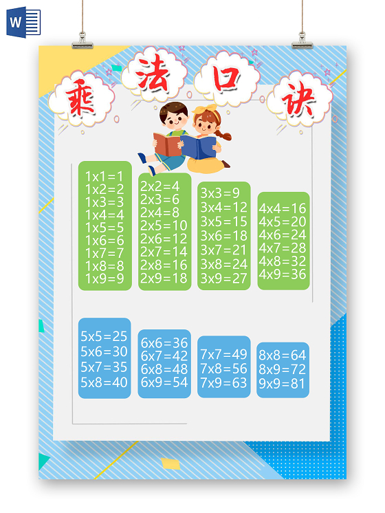 小学生乘法口诀表蓝色卡通简约儿童乘法口诀表小报手抄报word模板