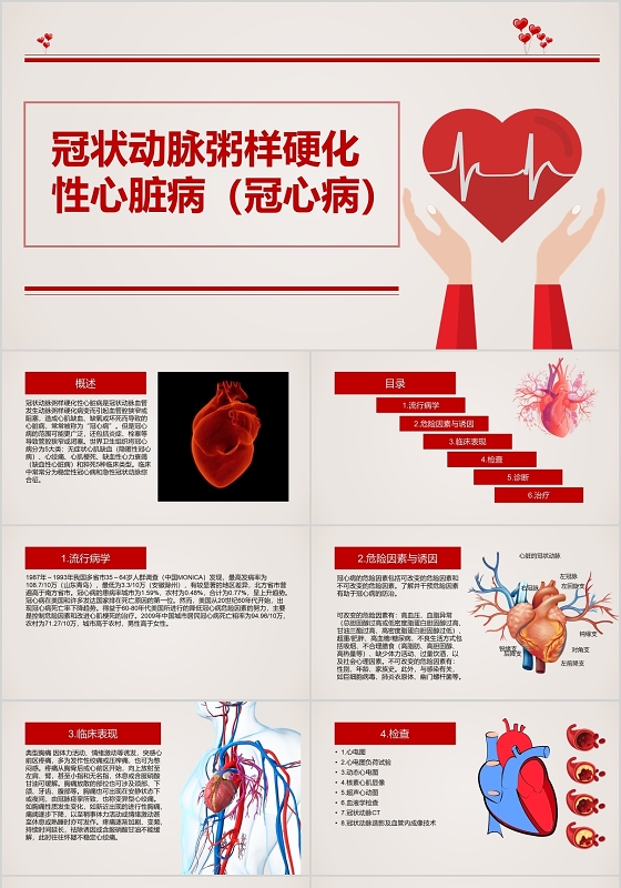 红色科普教学冠心病冠状动脉粥样硬化性心脏病ppt模板