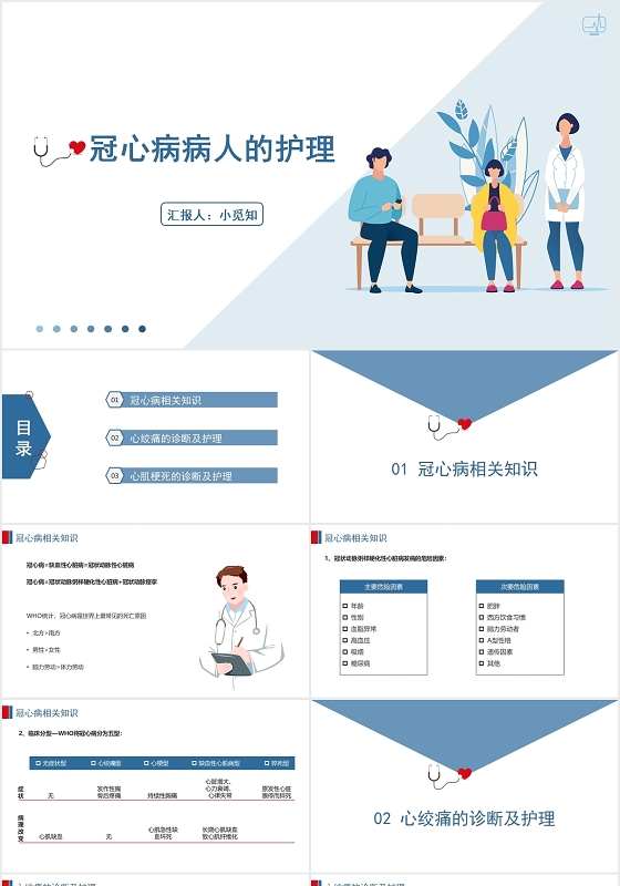 蓝色简约冠心病护理查房冠心病病人的护理PPT模板