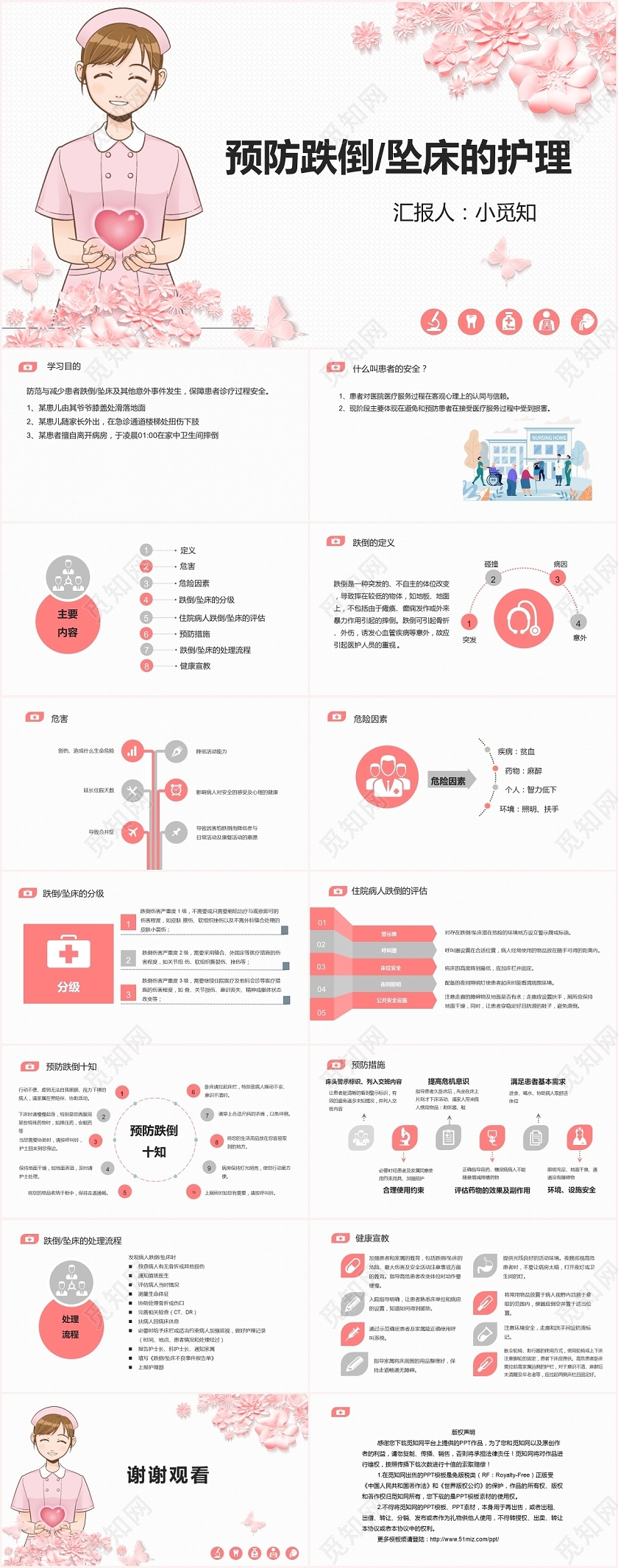 粉红护士跌倒护理查房预防跌倒坠床的护理PPT模板