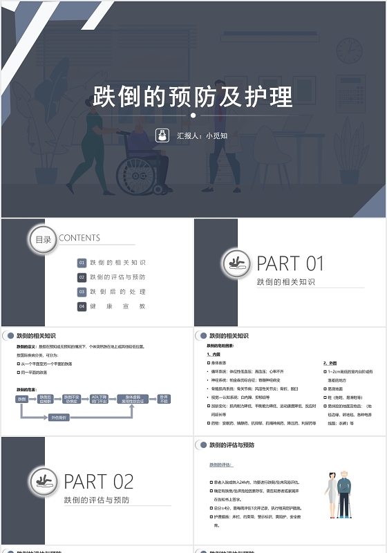 蓝色商务风护士跌倒护理查房跌倒的预防和护理PPT模板