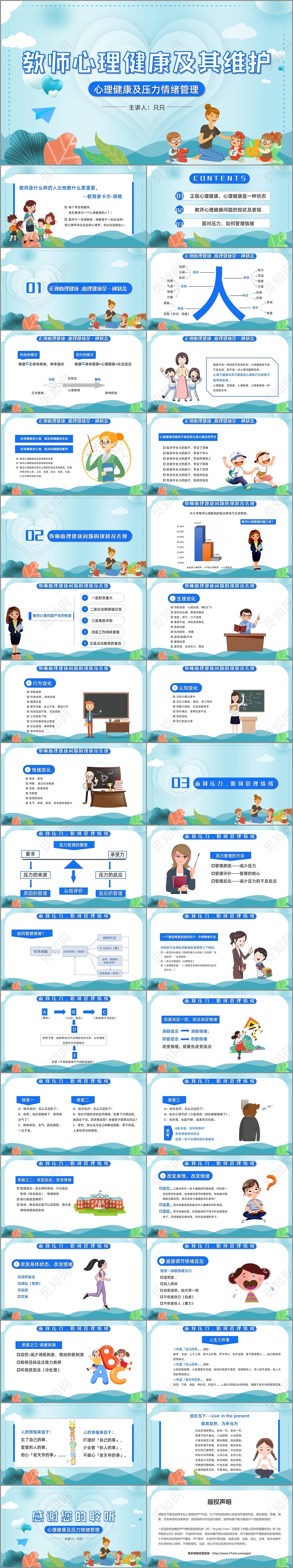 蓝色卡通教师心理健康及其维护压力情绪管理课件PPT模板