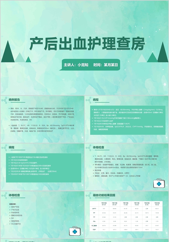 浅绿色简约风格医疗医院产后出血护理查房工作汇报ppt模板cpa占位护理查房