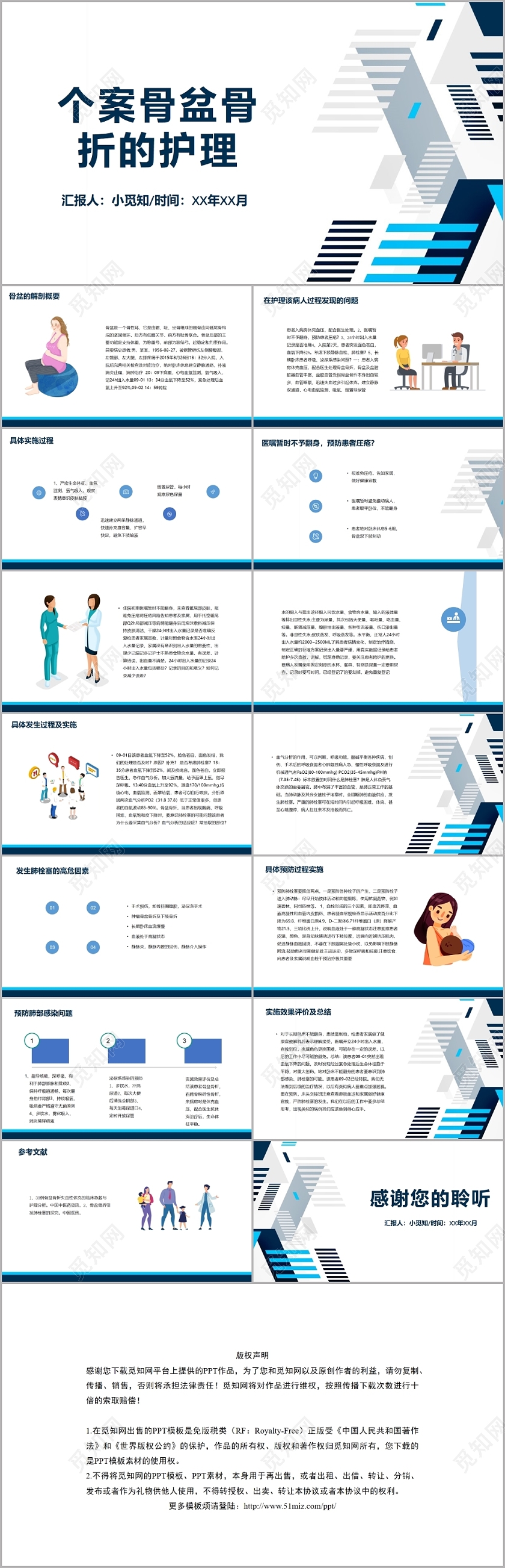 蓝色几何风个案骨盆骨折的护理多发骨盆骨折护理查房PPT模板