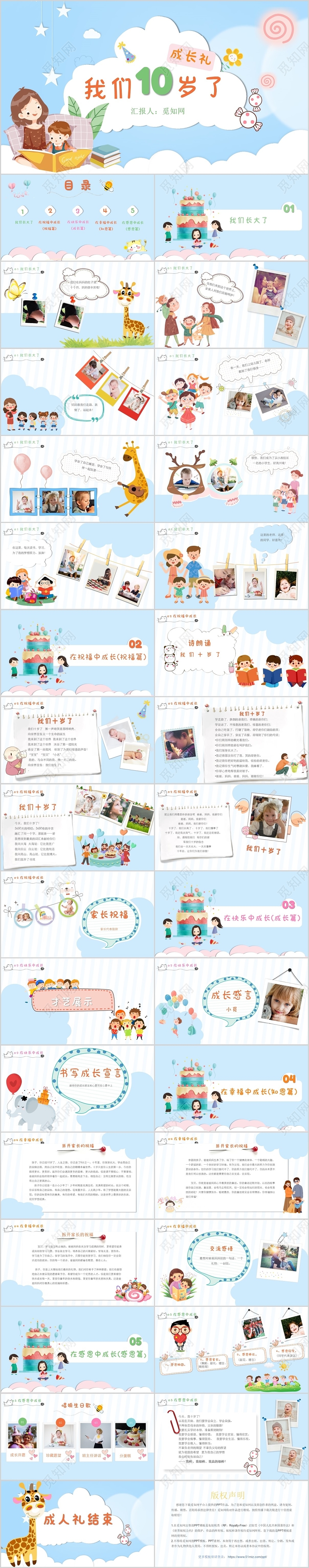 蓝色可爱卡通儿童生日会成长礼十岁成人礼记录PPT