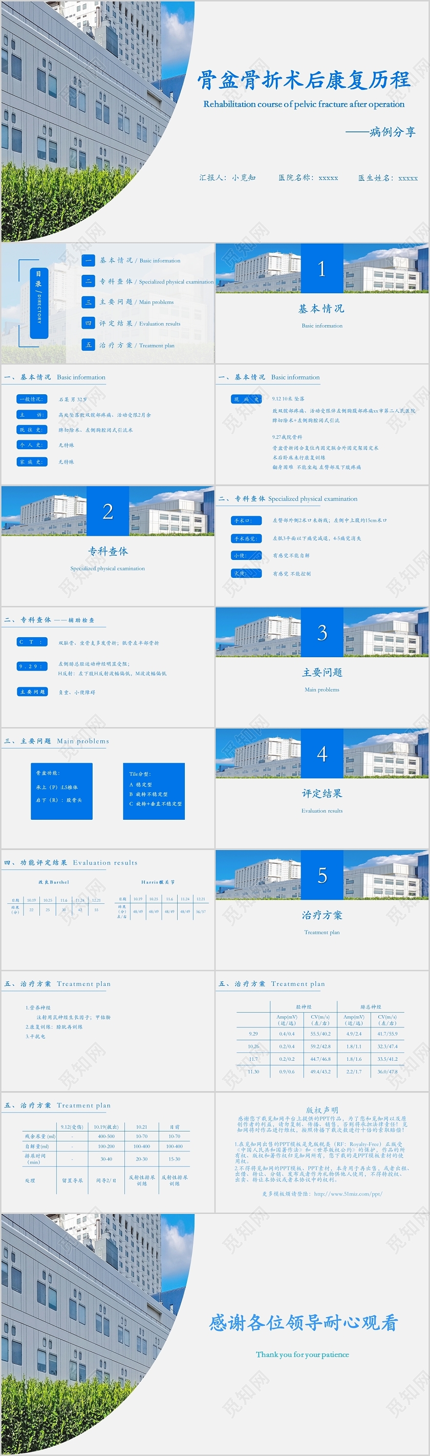 蓝色简洁护理查房骨盆骨折术后康复历程病例分享PPT模板