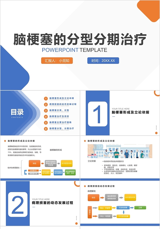 蓝色简约风医疗护理查房工作总结PPT模板脑梗塞护理查房ppt