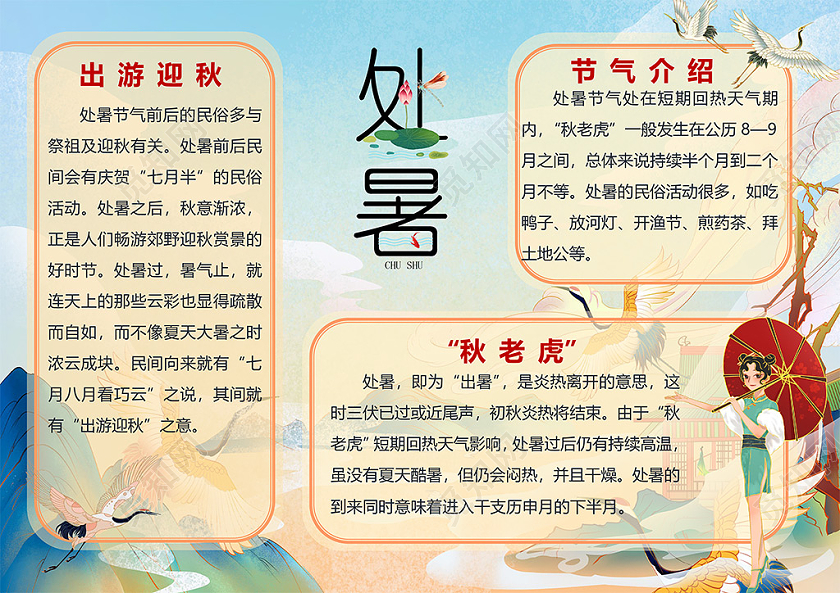 国潮秋菊女孩处暑节气小报Word模板处暑小报手抄报