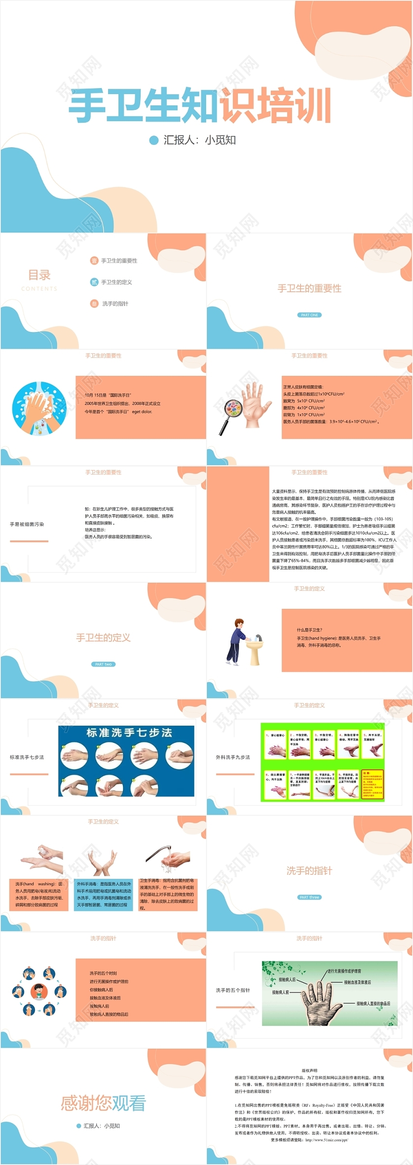 蓝橙色简约风手卫生知识手卫生PPT模板手卫生ppt