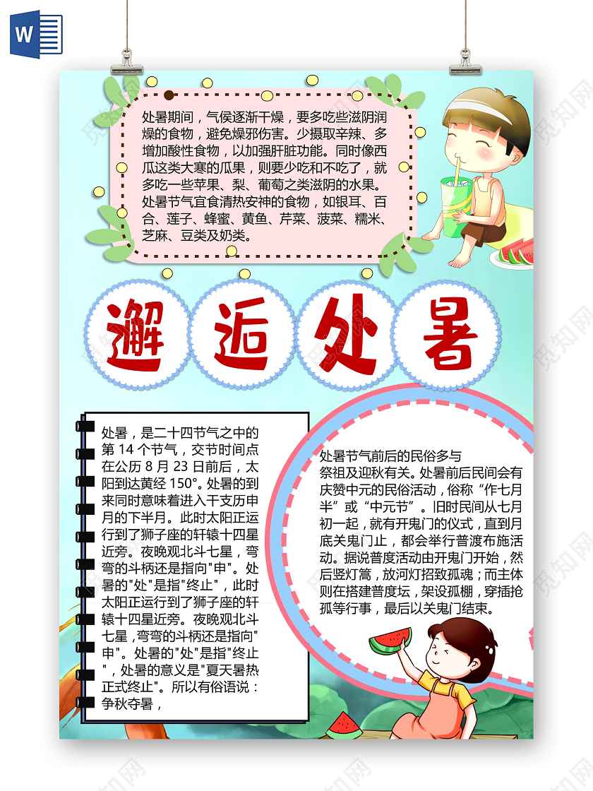 二十四节气处暑气候干燥酸性食物小报处暑小报手抄报