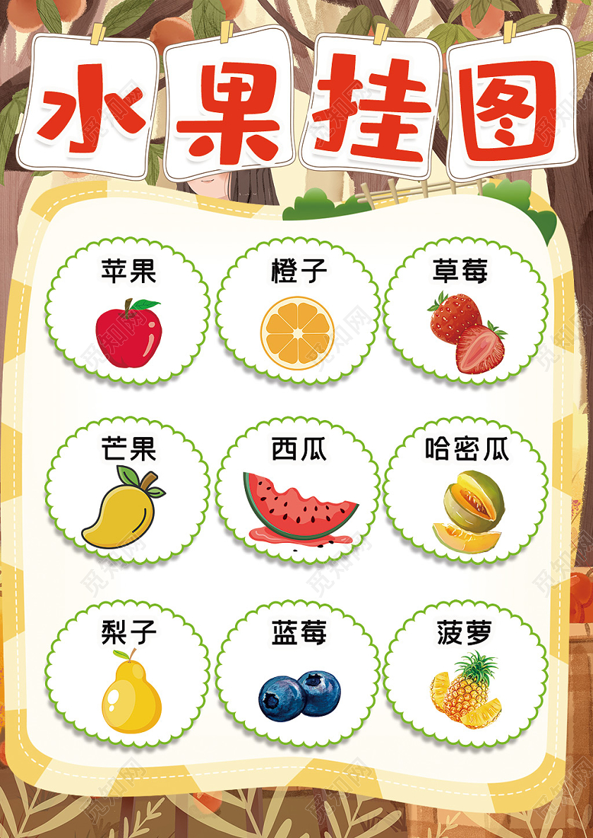 卡通水果挂图苹果橙子草莓芒果西瓜哈密瓜清凉夏日小报