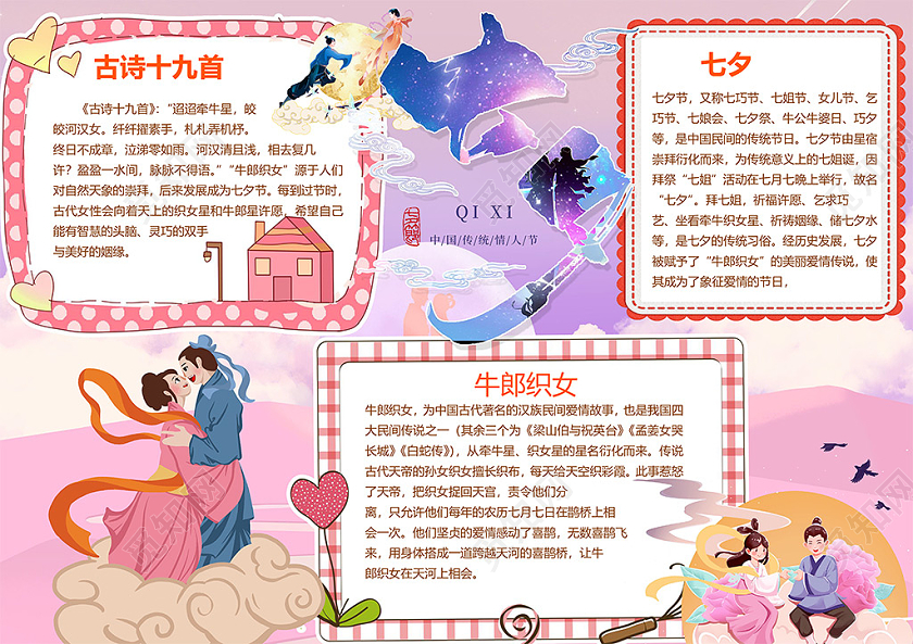 粉色浪漫风七夕牛郎织女因缘爱情天河喜鹊桥小报七夕情人节小报手抄报