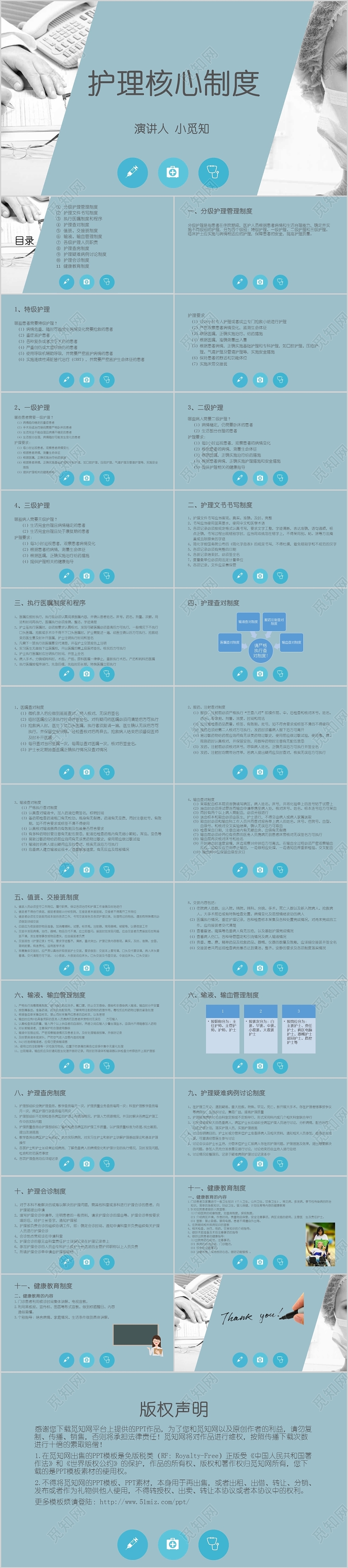 蓝色商务护理查房制度护理核心制度培训PPT模板
