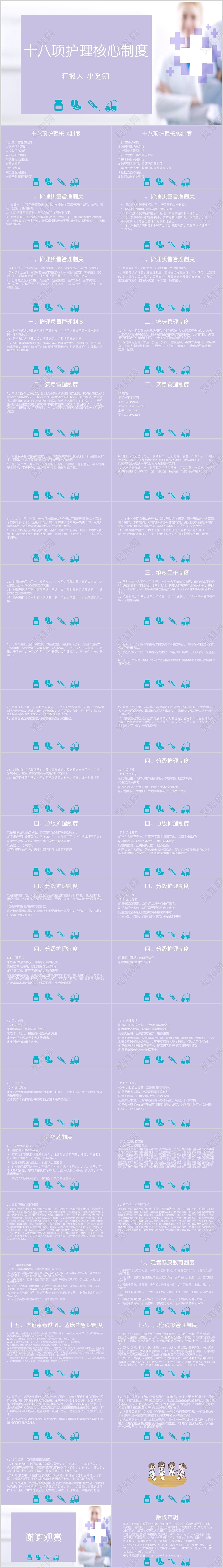 紫色商务护理查房制度十八项护理核心制度培训PPT模板