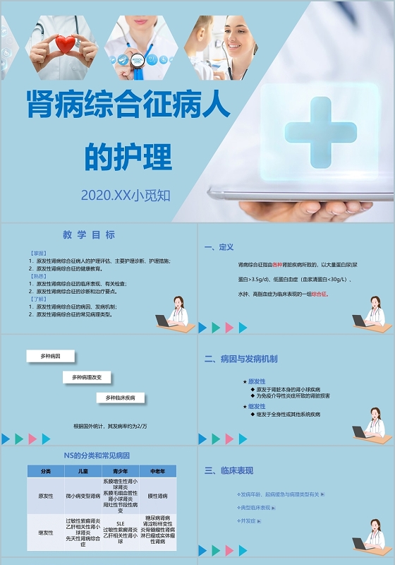 蓝绿色医疗风肾病护理疾病介绍PPT模板肾病综合征护理查房
