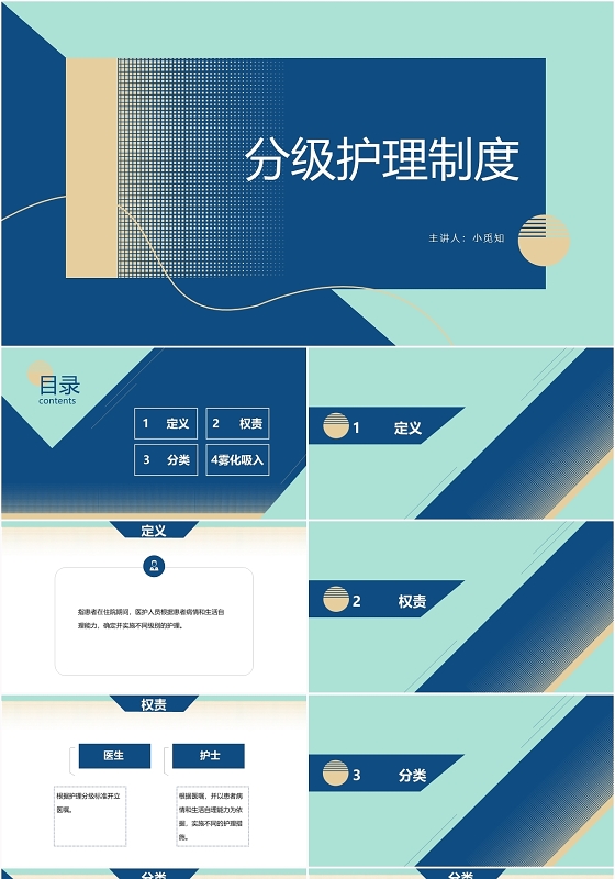 潘通蓝欧美风简洁大方分级护理制度医学介绍PPT模板分级护理制度ppt