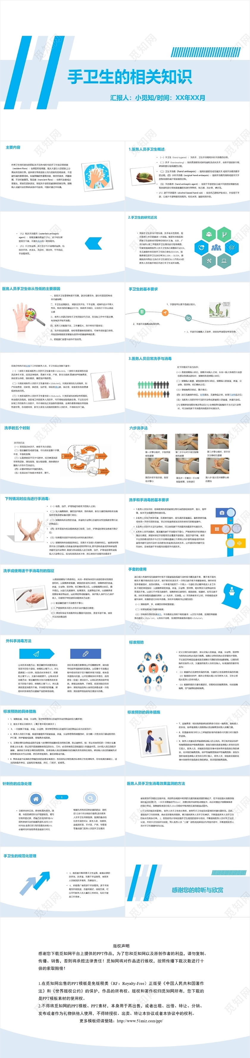 蓝色简约风手部卫生相关知识手卫生PPT模板手卫生ppt
