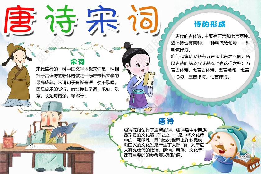 简约卡通古风唐诗宋词古诗词小报手抄报word模板