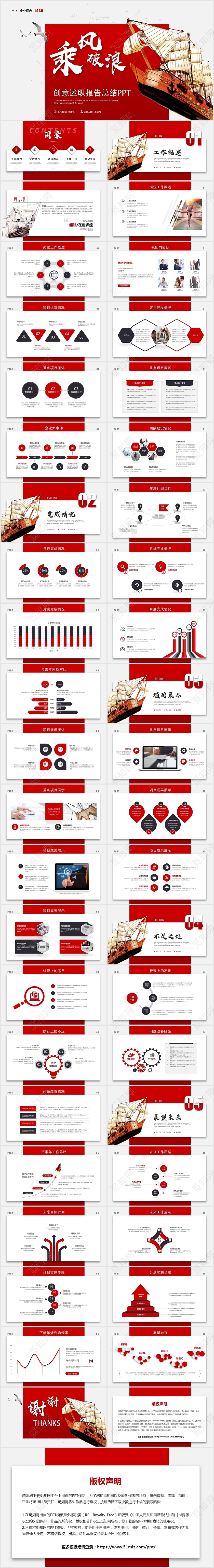 创意红色励志乘风破浪述职报告工作总结ppt模板