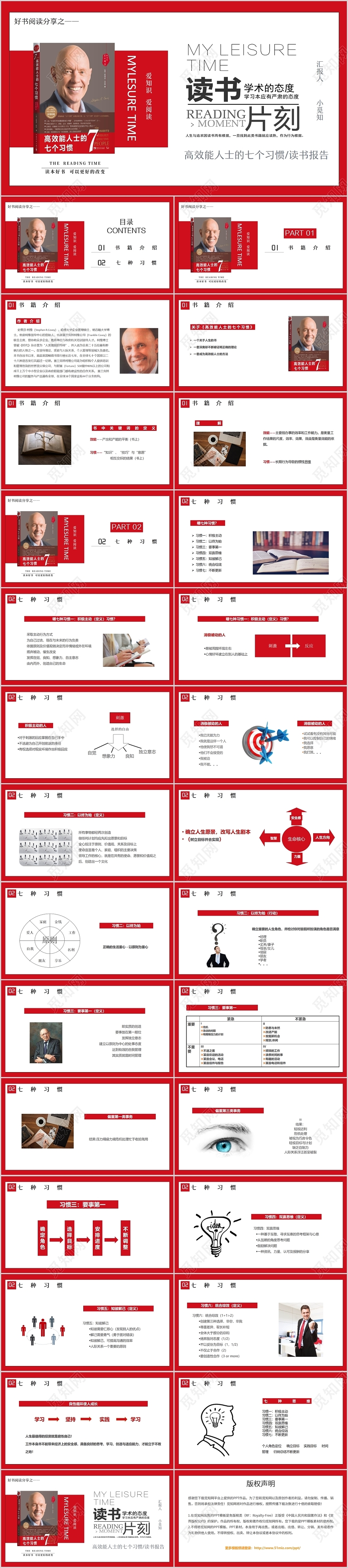 红色简约高效能人士的七个习惯读书报告读书分享PPT模板