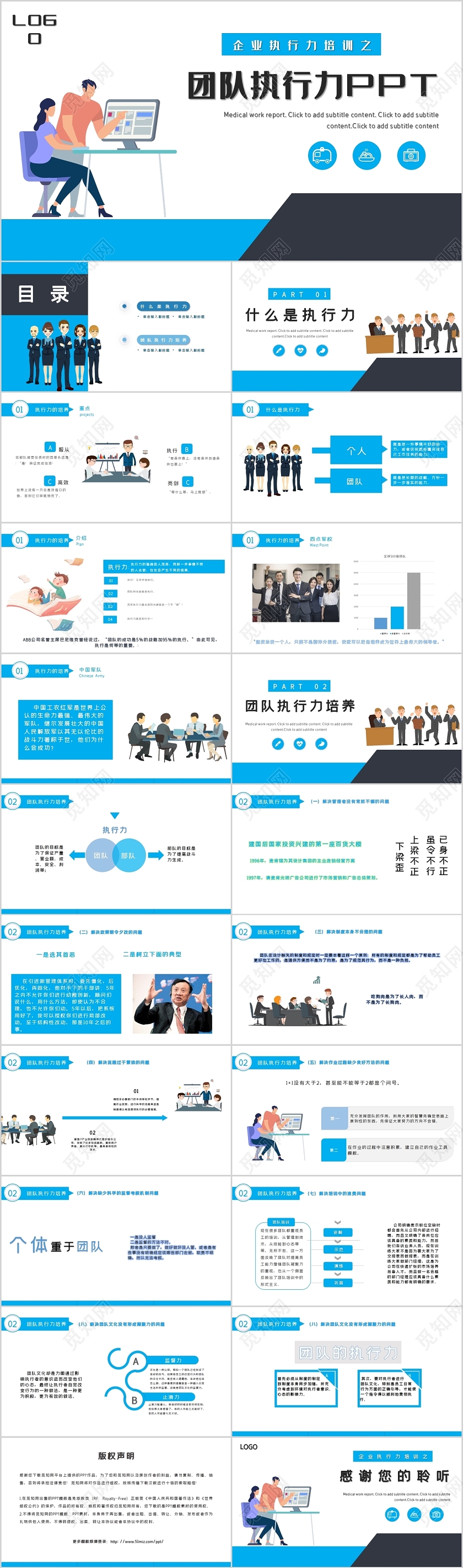 蓝色简约商务风企业团队执行力提升培训PPT模板