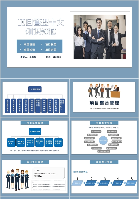 简约蓝色底企业项目管理十大知识领域知识培训PPT模板