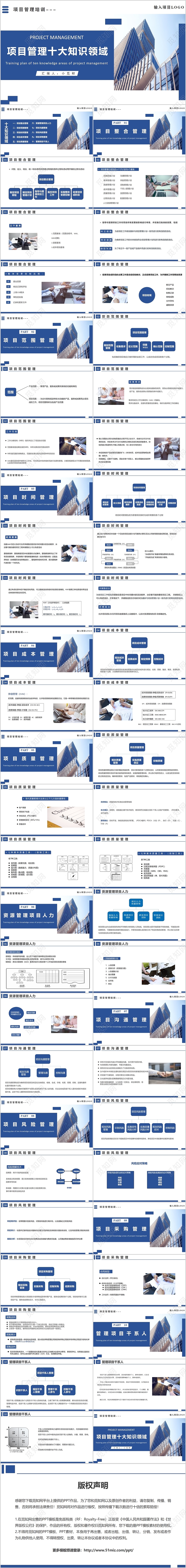 蓝色简约商务风项目管理十大知识领域培训PPT模板