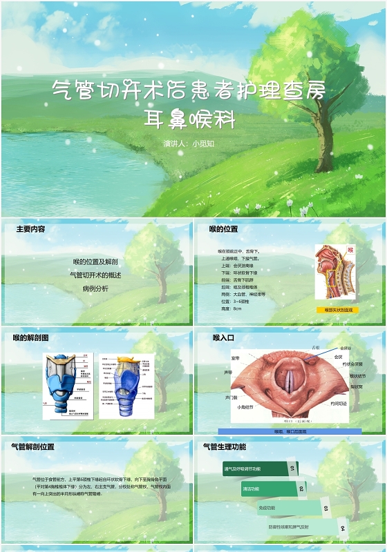 绿色卡通气管切开护理查房气管切开术后患者护理查房PPT模板