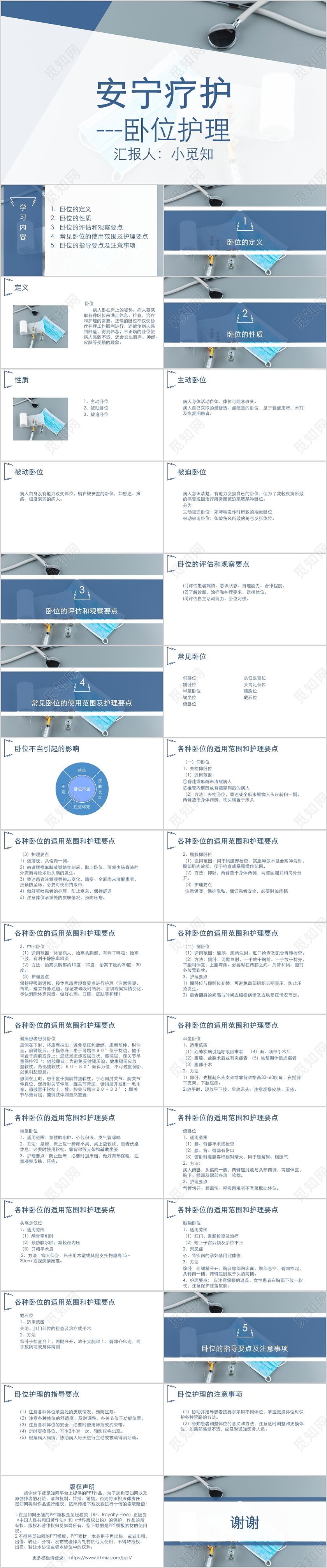 深蓝色简约风安宁疗护护理安宁疗护卧位护理PPT模板安宁疗护护理ppt