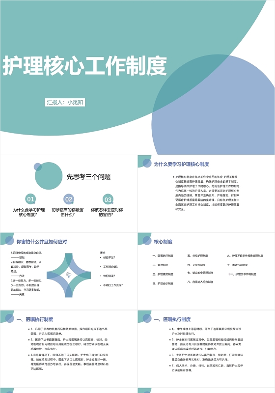 蓝绿色简洁风护理核心工作制度护理查房制度PPT模板