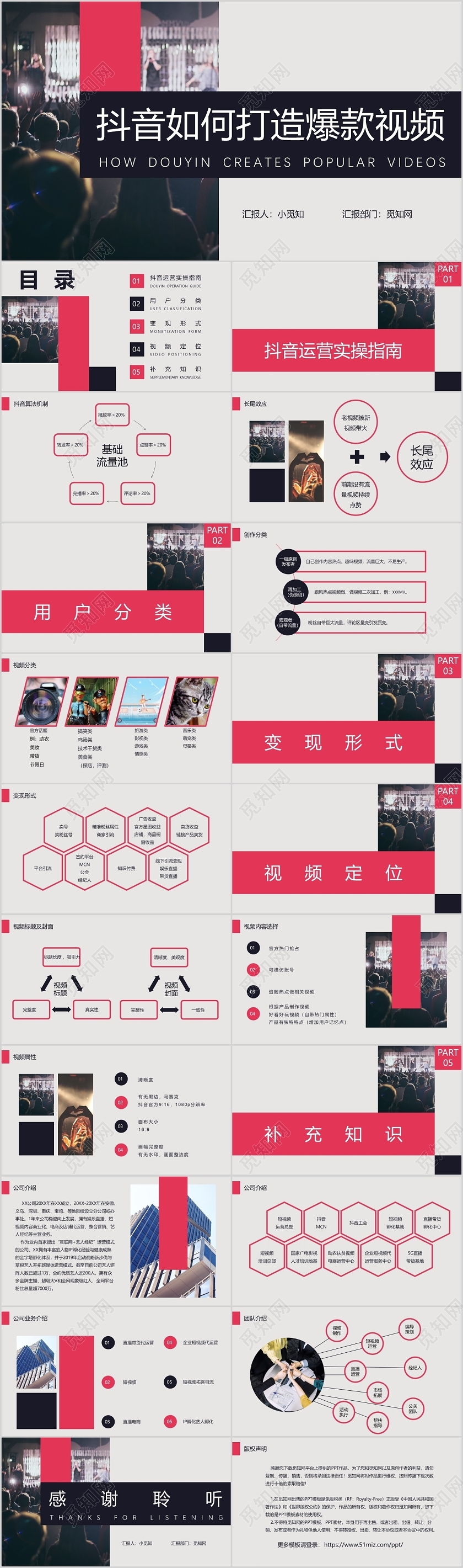 水红色商务风抖音如何打造爆款视频PPT模板抖音运营ppt