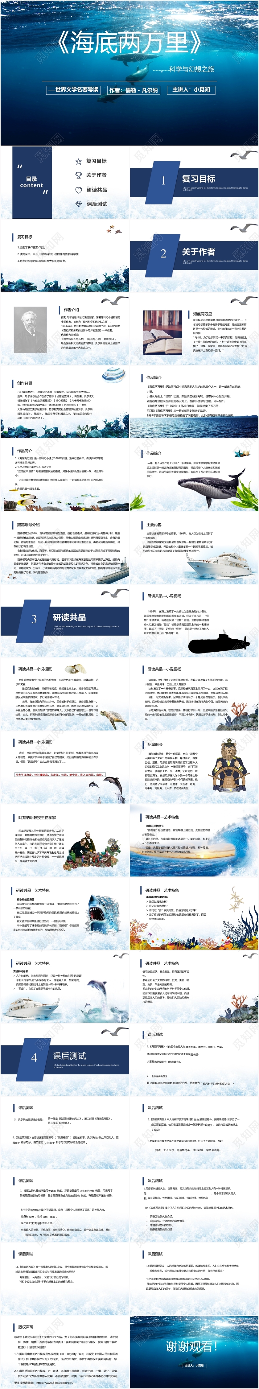 深蓝色海洋简洁海底两万里课件名著导读PPT模板海底两万里ppt