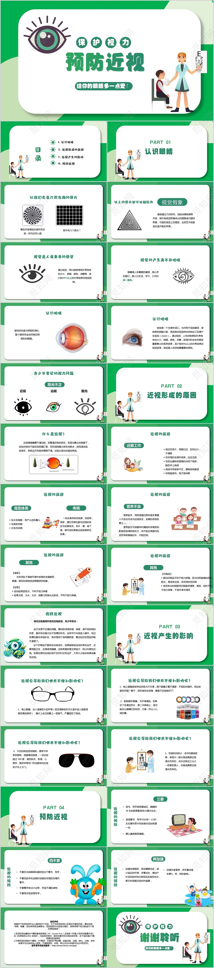 绿色卡通预防近视用眼卫生PPT模板电影
