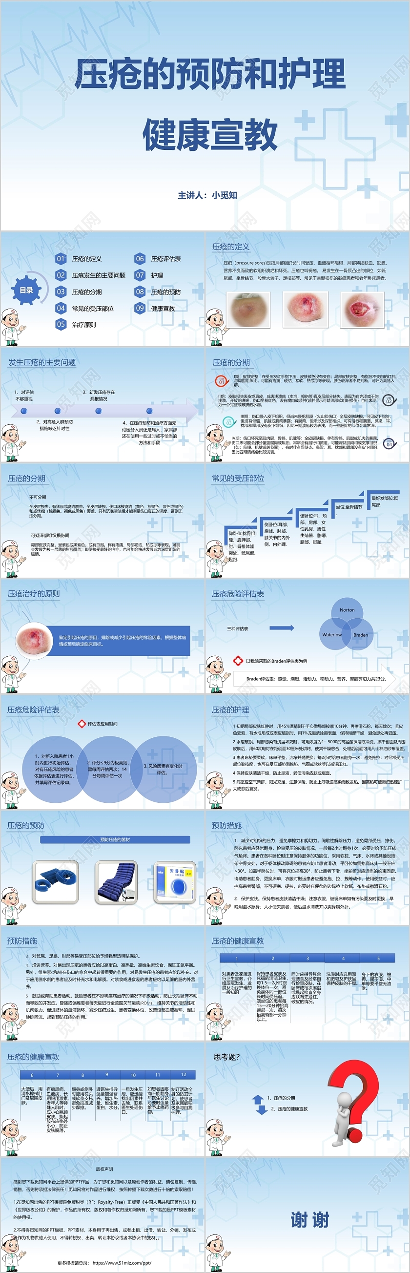 蓝色医疗压疮的预防和护理查房健康宣教说课PPT模板压疮患者护理查房