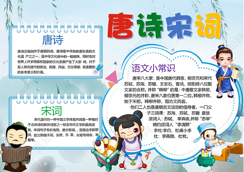 卡通唐诗宋词语文小常识中国文学体裁小报古诗词小报手抄报