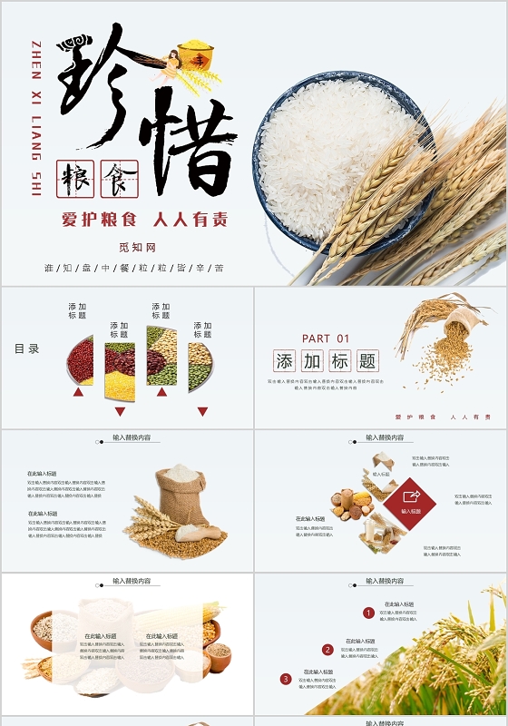 红色简约节约粮食农业主题PPT模板宣传PPT动态PPT