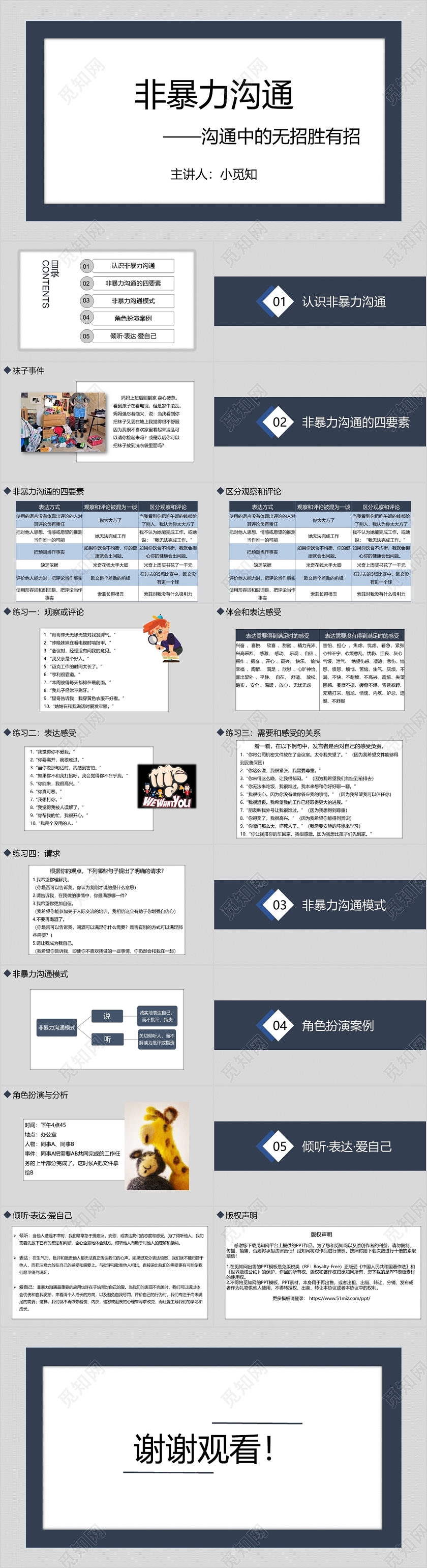 读书分享蓝灰色简约风非暴力沟通之沟通中的无招胜有招PPT非暴力沟通ppt