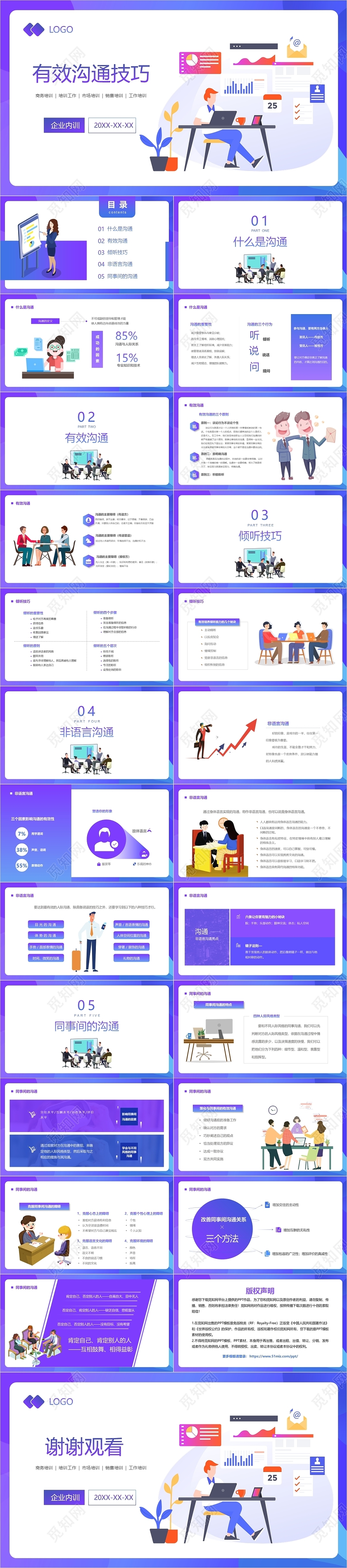 蓝色商务卡通插画有效沟通技巧企业培训PPT模板