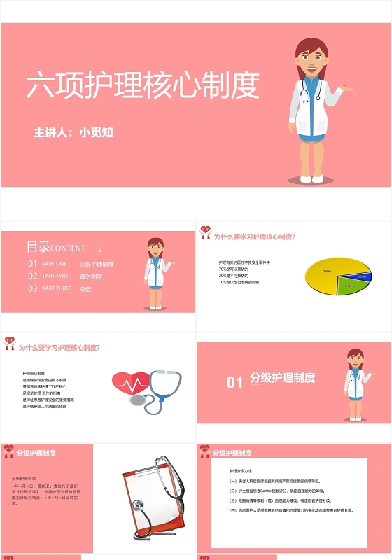 粉色简洁风六项护理核心制度护理查房制度PPT模板