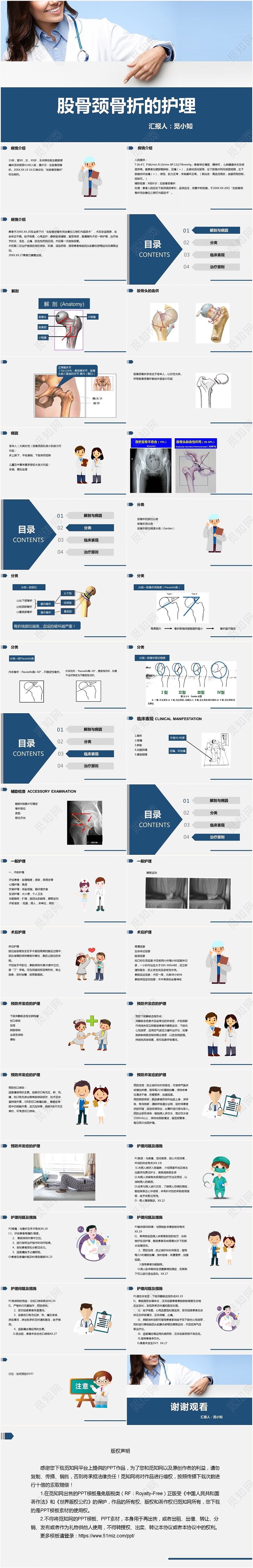 蓝色扁平股骨颈骨折的护理PPT模板股骨颈骨折护理查房