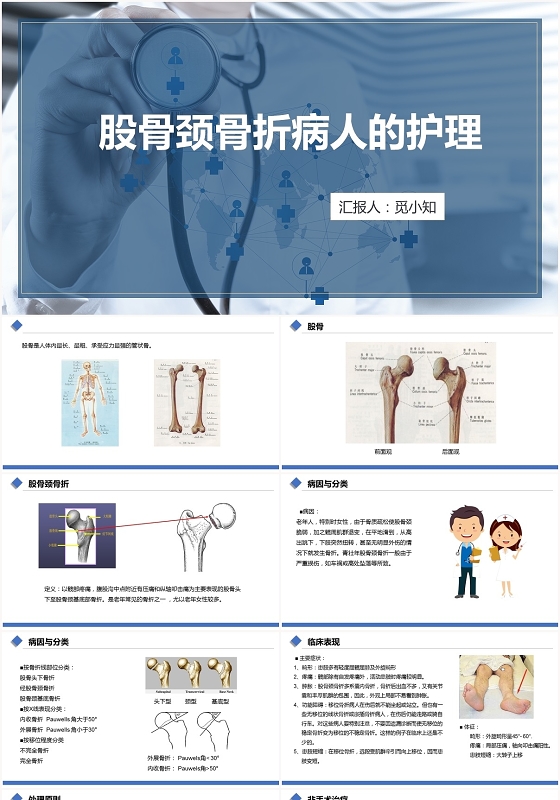 蓝色扁平股骨颈骨折护理查房股骨颈骨折病人的护理PPT模板