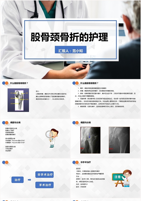 蓝色扁平股骨颈骨折护理查房PPT模板
