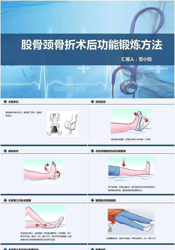 蓝色股骨颈骨折护理查房股骨颈骨折术后功能锻炼方法PPT模板