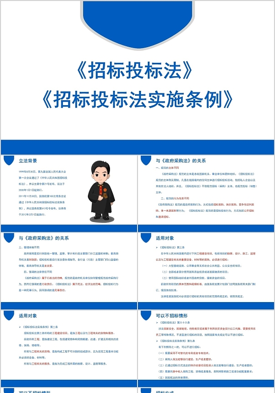 蓝色简约商务风招标投标法及招标投标法实施条例PPT模板招投标ppt