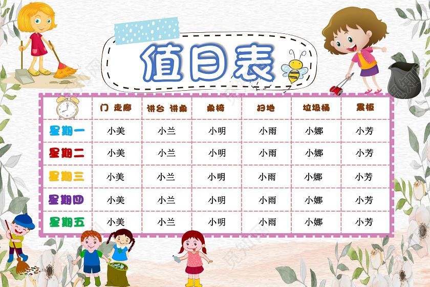 花边简约卡通学生班级值日表小报手抄报word模板